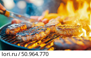 Backyard grilling concept: Round patties sizzle on grill with bright flame, summertime cookout preparation. Стоковое AI-изображение, AI-художник Данила Большаков / Фотобанк Лори