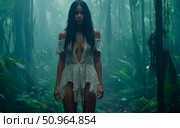 Ethereal Encounter: A Woman's Haunting Presence in a Misty Forest. Стоковое AI-изображение, AI-художник Данила Большаков / Фотобанк Лори