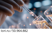 Scientist conducting an experiment with a pipette and sparkling liquid in laboratory setting. Стоковое AI-изображение, AI-художник Сергей Толмачёв / Фотобанк Лори