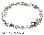 Oval frame made from many sewing supplies and eucalyptus leaves. Watercolor Illustration of a frame made from tailoring Items and foliage. For sewing blogs, master classes, articles, galangteries. Стоковая иллюстрация, иллюстратор Larisa Hamukova / Фотобанк Лори