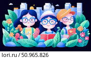 Cheerful young learners embracing knowledge amidst vibrant urban flora against a nighttime city skyline, celebrating curiosity and friendship. Стоковое AI-изображение, AI-художник Данила Большаков / Фотобанк Лори