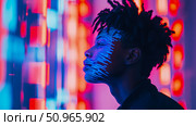 A futuristic portrait of a person with glowing blue digital lines across their face against a vibrant neon light array, a concept of human technological identity. Стоковое AI-изображение, AI-художник Данила Большаков / Фотобанк Лори