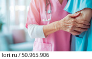 Empathetic medical professional in pink scrubs holding an elderly patient's hand, symbolizing compassionate care and support in a healthcare environment, ideal for clinic brochures or patient well-be. Стоковое AI-изображение, AI-художник Данила Большаков / Фотобанк Лори