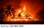 Tropical house engulfed in flames during a devastating fire. Стоковое AI-изображение, AI-художник Данила Большаков / Фотобанк Лори