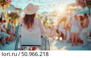 Inclusion concept: Woman in wheelchair attends outdoor event on sunny day, seen from behind, wearing hat, surrounded by crowd. Стоковое AI-изображение, AI-художник Данила Большаков / Фотобанк Лори