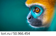 Captivating Close-up of a Vibrant Primate's Eye and Face, Showcasing its Striking Amber Iris and Colorful Fur, Ideal for Nature Prints or Educational Content. Стоковое AI-изображение, AI-художник Данила Большаков / Фотобанк Лори