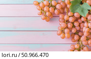 Abundant light pink grapes with a single lush green leaf resting on a quaint pastel blue and rose-colored wooden table, conveying freshness and natural sweetness for a healthy food concept. Стоковое AI-изображение, AI-художник Данила Большаков / Фотобанк Лори