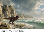Tyrannosaurus Rex hunts near the coastline of an ancient Cretaceous sea. Стоковое AI-изображение, AI-художник Алексей Кузнецов / Фотобанк Лори