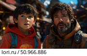 Emotional portrait of a man and a boy, expressing surprise and wonder amidst an imagined outdoor expedition, a narrative concept. Стоковое AI-изображение, AI-художник Данила Большаков / Фотобанк Лори