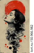 Elegant Profile Illustration of a Woman with Swirling Hair Against a Red Sun, Evoking an Emotional and Introspective Mood, Ideal for Contemporary Art Print. Стоковое AI-изображение, AI-художник Данила Большаков / Фотобанк Лори
