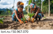 Two cheerful children actively planting green saplings in rich earth, fostering a connection with nature and environmental stewardship, ideal for educational resources or a community poster. Стоковое AI-изображение, AI-художник Данила Большаков / Фотобанк Лори