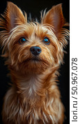 Captivating close-up of a charming little domestic canine with warm golden-brown fur and bright, inquisitive eyes, ideal for pet companionship themes or animal welfare initiatives. Стоковое AI-изображение, AI-художник Данила Большаков / Фотобанк Лори