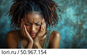 A portrait depicting grief and headache. A young woman experiencing pain, her head in her hands, expressing distress. Стоковое AI-изображение, AI-художник Данила Большаков / Фотобанк Лори