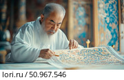 Wise Master Craftsman Dedicatedly Working on an Intricate Traditional Textile or Elaborate Manuscript, Embodying Cultural Heritage and Artistic Devotion. Стоковое AI-изображение, AI-художник Данила Большаков / Фотобанк Лори