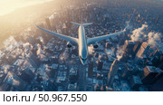 A wide-body airliner soaring above a sprawling metropolis at golden hour, offering an expansive aerial outlook for travel and urban planning. Стоковое AI-изображение, AI-художник Данила Большаков / Фотобанк Лори
