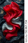 Dynamic Abstract Composition of Flowing Red, White, and Charcoal Draped Fabric with Glimmering Gold Accents, an Elegant Textile Statement. Стоковое AI-изображение, AI-художник Данила Большаков / Фотобанк Лори