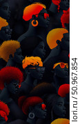 Dynamic artwork portraying a vibrant community of empowered Black individuals with striking hair hues and bold accessories, ideal for inspiring print. Стоковое AI-изображение, AI-художник Данила Большаков / Фотобанк Лори