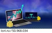 Vector 3d mobile computers. Up arrow. Virtual stablecoins. Gold money. Business poster. High technology and economics. Flag of United States of America. Стабильные виртуальные монеты. Стоковая иллюстрация, иллюстратор GAlexS / Фотобанк Лори