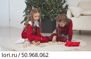 Little children girls play russian lotto board game at home on the Christmas tree background. Children early development. Christmas and New Year holidays time. Board game and kids leisure concept. Footage. Стоковое видео, видеограф Ирина Михайличенко / Фотобанк Лори