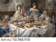 A picturesque scene of a luxurious noble feast in the style of the 18th century. Women in exquisite historical attire enjoy an abundance of dishes served on a richly decorated table. The atmosphere is festive, refined and aristocratic grace. Attention to detail in the interior and tableware emphasizes the era and creates a sense of time. Suitable for the themes of history, cooking, traditions, Renaissance and art. Стоковое AI-изображение, AI-художник Анна Кривицкая / Фотобанк Лори