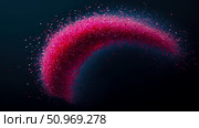 Dynamic arc of vibrant fuchsia particles creating an energetic wave of color against a dark, atmospheric background with subtle blue highlights. Стоковое AI-изображение, AI-художник Данила Большаков / Фотобанк Лори