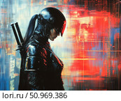 A futuristic digital illustration of a female warrior in glossy black armor and helmet, with two swords on her back. The figure is depicted in profile against an abstract neon city background with bright flashes of red and blue light. The atmosphere combines elements of cyberpunk, sci-fi and Japanese aesthetics. The scene conveys a sense of determination, strength and mystery. Ideal for use in sci-fi, video games, graphic novels and concept art. Стоковое AI-изображение, AI-художник Анна Кривицкая / Фотобанк Лори