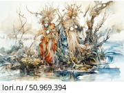 A fantastic watercolor illustration of mysterious female creatures in ritual attire, decorated with horns, plants and organic elements. The figures are depicted against a swampy landscape with trees, water and fog. The atmosphere of the image is reminiscent of an ancient forest, shamanic rituals and the magic of nature. The illustration is done in an exquisite artistic style with many details and smooth lines. Suitable for the design of fantasy books, board games, art publications and collectible art. Стоковое AI-изображение, AI-художник Анна Кривицкая / Фотобанк Лори