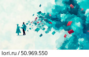 Ethereal Graduation Celebration: Figures in Robes Ignite a Swirl of Teal and Crimson, Symbolizing Knowledge Unleashed and New Horizons. Стоковое AI-изображение, AI-художник Данила Большаков / Фотобанк Лори