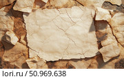 Ancient weathered parchment with intricate cracks and torn edges laid upon a rugged, earth-toned stone background, evoking a sense of forgotten history and vintage decay. Стоковое AI-изображение, AI-художник Данила Большаков / Фотобанк Лори