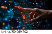 Dynamic view of a human finger activating a complex digital interface with intricate glowing circuit lines, data nodes, and a security padlock icon, embodying cybersecurity and innovation. Стоковое AI-изображение, AI-художник Данила Большаков / Фотобанк Лори