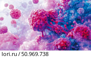 Vibrant microscopic visualization of intricate biological structures, possibly representing cells or viruses in a complex cellular environment, rendered in striking pink, red, and blue hues. Стоковое AI-изображение, AI-художник Данила Большаков / Фотобанк Лори