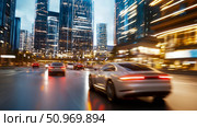 Dynamic cityscape at dusk with motion-blurred cars speeding on a wet street amidst illuminated modern skyscrapers, capturing urban energy. Стоковое AI-изображение, AI-художник Данила Большаков / Фотобанк Лори