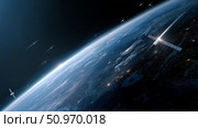 Satellites orbiting Earth above the atmosphere, showcasing technology and the vastness of space. Стоковое AI-изображение, AI-художник Сергей Толмачёв / Фотобанк Лори