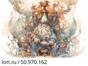 A fantasy watercolor illustration of a powerful old man with a long gray beard, sitting on a throne among magical artifacts, potions, bizarre objects and fantastic creatures. His image represents wisdom, alchemy and ancient knowledge. Around him are symbols of power, mystery and magic, filled with soft shades, intricate detail and a fairy-tale atmosphere. Ideal for book design, tarot cards, board games, fantasy projects and stories about magic. Стоковое AI-изображение, AI-художник Анна Кривицкая / Фотобанк Лори