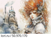 Fantasy portrait of a girl with luxurious red hair against the backdrop of a fairytale palace. The illustration is made in watercolor technique with elements of steampunk and Victorian style. Details of the hairstyle, decorated with flowers and miniature architectural elements, emphasize the atmosphere of magic and dreams. Ideal for book covers, posters, concept art and fantasy projects. Стоковое AI-изображение, AI-художник Анна Кривицкая / Фотобанк Лори