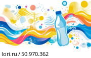 Dynamic abstract illustration featuring a clear water bottle amidst a vibrant cascade of colorful waves, splatters, and organic shapes, symbolizing refreshment and energetic flow. Стоковое AI-изображение, AI-художник Данила Большаков / Фотобанк Лори