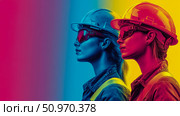 Vibrant profile of two women in safety gear against a dynamic magenta, blue, and yellow gradient, showcasing a bold, pop art-inspired aesthetic of modern workers. Стоковое AI-изображение, AI-художник Данила Большаков / Фотобанк Лори