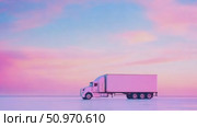 A contemporary commercial haulage unit, gleaming white, poised solitarily on a smooth, shimmering surface under a dreamlike twilight firmament of pastel hues. Стоковое AI-видео, аниматор Данила Большаков / Фотобанк Лори