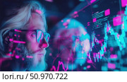 Intense gaze of a male with charts overlaid, reflecting on financial data and market trends with glasses and thoughtful expression. Стоковое AI-видео, аниматор Данила Большаков / Фотобанк Лори