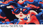 Stylized Female Character with Sunglasses amidst Abstract Blue and Red Shapes. Стоковое AI-видео, аниматор Данила Большаков / Фотобанк Лори