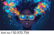 Mindscape: African descent child with luminous thoughts and reflective eyewear, set against a cosmic indigo backdrop, a study in introspection and brilliance. Стоковое AI-видео, аниматор Данила Большаков / Фотобанк Лори