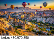 Colorful Hot Air Balloons Soar Over Captains Unique Rock Formations at Sunrise. Generative AI. Стоковое AI-изображение, AI-художник Roman Zavorotny / Фотобанк Лори