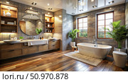 Modern Bathroom Interior With Wooden Vanity, Double Sinks, and Freestanding Tub. Generative AI. Стоковое AI-изображение, AI-художник Roman Zavorotny / Фотобанк Лори