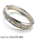 Elegant Silver Filigree Bangle Bracelet With Floral Design on White Background. Generative AI. Стоковое AI-изображение, AI-художник Roman Zavorotny / Фотобанк Лори