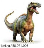 A Green Dinosaur Roaring on a White Background. Generative AI. Стоковое AI-изображение, AI-художник Roman Zavorotny / Фотобанк Лори