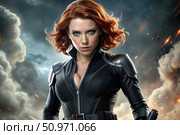 Black Widow Character Poster With Red Hair And Cloudy Background. Generative AI. Стоковое AI-изображение, AI-художник Roman Zavorotny / Фотобанк Лори