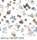 Seamless pattern made from many sewing supplies and eucalyptus leaves. Watercolor vintage tailoring Items. For printing on fabric, clothes, wallpapers, wrap paper package, etc. Стоковая иллюстрация, иллюстратор Larisa Hamukova / Фотобанк Лори