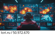 Cybersecurity Analyst Monitoring Multiple Screens Displaying Complex Data and Simulated Firewalls, Wearing Headphones in a Dark Room. Стоковое AI-видео, аниматор Данила Большаков / Фотобанк Лори