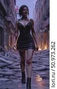 Sole survivor with dark crimson marks moves through a desolate urban street strewn with debris, distant fires glowing. Стоковое AI-видео, аниматор Данила Большаков / Фотобанк Лори