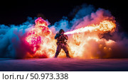 Intense nocturnal battle featuring a powerful flamethrower operator amidst a spectacular eruption of neon-colored smoke and fiery destruction in a desolate landscape. Стоковое AI-изображение, AI-художник Данила Большаков / Фотобанк Лори